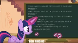 Size: 1920x1079 | Tagged: safe, edit, edited screencap, screencap, twilight sparkle, twilight sparkle (alicorn), alicorn, testing testing 1-2-3, caption, chalk, chalkboard, chalkboard gag, glowing horn, golden oaks library, image macro, impact font, implied crying, implied milhouse, magic, meme, meta, onomatopoeia, stairs, text, the simpsons