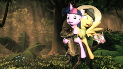 Size: 1920x1080 | Tagged: safe, artist:powdan, derpibooru import, daring do, spike, twilight sparkle, dinosaur, dragon, velociraptor, 3d, wat