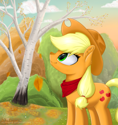 Size: 3200x3400 | Tagged: safe, artist:solarspark, applejack, earth pony, pony, autumn, bandana, cloud, cowboy hat, female, hat, looking up, mare, scenery, sky, smiling, solo, stetson, tree