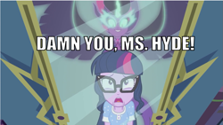 Size: 1001x564 | Tagged: safe, derpibooru import, edit, edited screencap, screencap, midnight sparkle, sci-twi, twilight sparkle, equestria girls, legend of everfree, dr jekyll and mr hyde, glasses, image macro, meme, mirror, mr hyde, reflection, solo