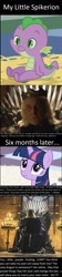 Size: 539x2391 | Tagged: safe, screencap, spike, twilight sparkle, twilight sparkle (alicorn), alicorn, dragon, fanfic:my little dashie, aerys ii targaryen, bronybait, game of thrones, implied incest, implied violence, iron throne, mad king, meta, this will end in death, this will end in tears, too dumb to live, vulgar, younger