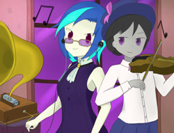 Size: 1706x1300 | Tagged: safe, artist:maomao9, dj pon-3, octavia melody, vinyl scratch, a hearth's warming tail, equestria girls, bow, bowtie, clothes, female, glasses, gramophone, hat, jabot, lesbian, looking at each other, music notes, scratchtavia, shipping, shirt, short hair, skirt, sleeveless, victrola scratch, violin, window