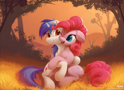 Size: 4030x2931 | Tagged: safe, artist:draconidsmxz, pinkie pie, oc, oc:alekc, earth pony, pony, unicorn, autumn, canon x oc, chest fluff, female, floppy ears, forest, hug, male, mare, scenery, stallion, straight, tree