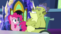 Size: 1280x720 | Tagged: safe, screencap, pinkie pie, sludge (g4), dragon, earth pony, pony, father knows beast, crossed arms, dirty, duo, eyes closed, female, male, mare, wheelchair