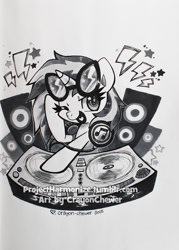 Size: 827x1157 | Tagged: safe, artist:crayon-chewer, dj pon-3, vinyl scratch, pony, unicorn, female, headphones, looking at you, mare, one eye closed, pencil drawing, simple background, solo, speakers, starry eyes, sunglasses, traditional art, turntable, white background, wingding eyes, wink