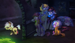 Size: 1500x865 | Tagged: safe, artist:limreiart, pinkie pie, oc, oc:blackjack, oc:firefly, oc:gray stillness, oc:littlepip, oc:murky, oc:puppysmiles, cyborg, earth pony, pegasus, pony, unicorn, fallout equestria, fallout equestria: enclave's shadow, fallout equestria: murky number seven, fallout equestria: pink eyes, fallout equestria: project horizons, fallout equestria: promise, angry, canterlot ghoul, chest fluff, clothes, eyes closed, fanfic, fanfic art, female, filly, floppy ears, foal, grand pegasus enclave, hazmat suit, hoof fluff, hooves, horn, mare, ministry of awesome, nervous, open mouth, pipbuck, plushie, scared, sitting, sweat, teeth, vault suit
