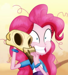 Size: 1600x1772 | Tagged: safe, artist:jucamovi1992, pinkie pie, equestria girls, my little pony: the movie, bone dry desert, clothes, crazy face, dead, desert, desert sun madness, equestria girls interpretation, faic, female, insanity, sand, scene interpretation, skull, solo