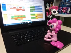 Size: 4608x3456 | Tagged: safe, derpibooru import, dj pon-3, octavia melody, pinkie pie, rarity, sci-twi, twilight sparkle, vinyl scratch, earth pony, pony, computer, excel, irl, laptop computer, merchandise, photo, solo focus, spreadsheet, toy