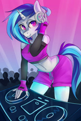 Size: 2100x3150 | Tagged: safe, artist:crystalfilth, dj pon-3, vinyl scratch, anthro, clothes, fingerless gloves, gloves, headphones, turntable