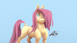 Size: 3840x2162 | Tagged: safe, artist:icychamber, fluttershy, pegasus, pony, blue background, dock, female, hair over one eye, mare, missing cutie mark, simple background, solo, wingless