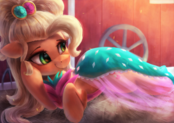 Size: 3600x2550 | Tagged: safe, artist:vanillaghosties, applejack, earth pony, pony, simple ways, applejewel, clothes, digital art, dress, female, looking back, mare, prone, smiling, solo