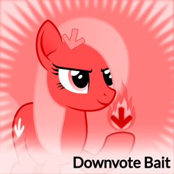Size: 1024x1024 | Tagged: safe, artist:arifproject, edit, oc, oc only, oc:downvote, pony, >:), derpibooru, derpibooru ponified, downvote, downvote bait, downvote's downvotes, downvotes are upvotes, earth pony magic, female, fire, mare, meta, ponified, smiling, smirk, spoilered image joke