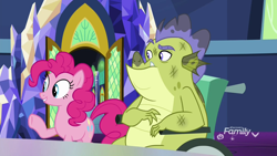 Size: 1920x1080 | Tagged: safe, screencap, pinkie pie, sludge (g4), dragon, earth pony, pony, father knows beast, bruised, dirty, duo, female, male, mare, wheelchair
