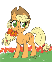 Size: 476x564 | Tagged: safe, artist:velexane, applejack, earth pony, pony, 30 minute art challenge, cute, female, flower, mare, mouth hold, solo