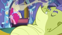 Size: 1280x720 | Tagged: safe, screencap, pinkie pie, sludge (g4), dragon, pony, father knows beast, eyes closed, smell, smelling, solo focus