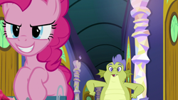 Size: 1280x720 | Tagged: safe, screencap, pinkie pie, sludge (g4), dragon, earth pony, pony, father knows beast, duo, evil grin, female, grin, male, mare, smiling
