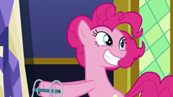 Size: 1280x720 | Tagged: safe, screencap, pinkie pie, earth pony, pony, father knows beast, female, mare, smiling, solo