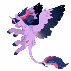 Size: 3000x3000 | Tagged: safe, artist:scarletskitty12, twilight sparkle, twilight sparkle (alicorn), alicorn, pony, alternate design, colored wings, colored wingtips, eyes closed, female, flying, large wings, leonine tail, mare, simple background, solo, spread wings, tail feathers, white background, wings