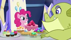 Size: 1280x720 | Tagged: safe, screencap, pinkie pie, sludge (g4), dragon, pony, father knows beast, cake, cupcake, duo, female, food, gem, grin, male, mare, pie, smiling