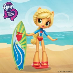 Size: 960x960 | Tagged: safe, applejack, better together, blue crushed, equestria girls, clothes, doll, equestria girls logo, equestria girls minis, official, solo, surfboard, swimsuit, toy