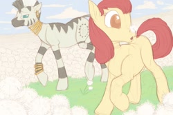 Size: 1200x800 | Tagged: safe, artist:jakneurotic, apple bloom, zecora, earth pony, pony, zebra, bracelet, colored pupils, dandelion, duo female, ear piercing, earring, female, filly, flower, jewelry, mare, neck rings, piercing, quadrupedal, walking