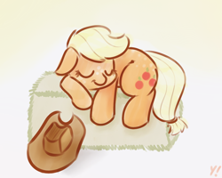 Size: 1000x800 | Tagged: safe, artist:yakoshi, applejack, earth pony, pony, applejack's hat, cowboy hat, cute, eyes closed, female, floppy ears, gradient background, happy, hat, hay, hay bale, jackabetes, mare, sleeping, smiling, solo