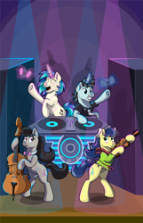 Size: 1489x2309 | Tagged: safe, artist:moonlightfan, dj pon-3, fiddlesticks, neon lights, octavia melody, rising star, vinyl scratch, earth pony, pony, fanfic:between bassdrops and bowstrings, apple family member, cello, clothes, fanfic, fanfic art, fanfic cover, hat, musical instrument, turntable, violin