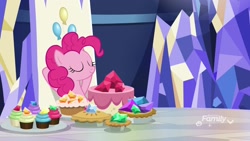 Size: 1920x1080 | Tagged: safe, screencap, pinkie pie, pony, father knows beast, cake, cupcake, eyes closed, food, friendship throne, gem, hooves behind head, pie, solo