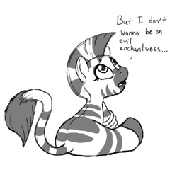 Size: 600x600 | Tagged: safe, artist:moophins, zecora, zebra, cute, evil enchantress, female, filly, foal, looking up, monochrome, sitting, solo, younger, zecorable