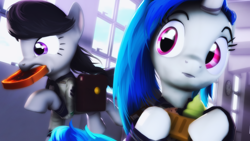 Size: 3840x2159 | Tagged: safe, artist:peachmayflower, artist:selestlight, dj pon-3, octavia melody, vinyl scratch, earth pony, pony, unicorn, 3d, bread, clothes, cupcake, female, food, mare, saddle bag, school uniform, schoolgirl, schoolgirl toast, source filmmaker