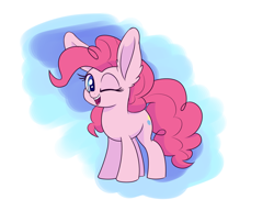 Size: 1280x985 | Tagged: safe, artist:heir-of-rick, pinkie pie, earth pony, pony, abstract background, ear fluff, female, impossibly large ears, mare, one eye closed, open mouth, pinkie pie day, solo, wink