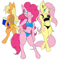 Size: 3000x3000 | Tagged: safe, artist:steelsoul, applejack, fluttershy, pinkie pie, earth pony, pegasus, pony, semi-anthro, bikini, clothes, cooler, earbuds, simple background, swimsuit, transparent background