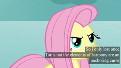 Size: 1280x720 | Tagged: safe, edit, edited screencap, screencap, fluttershy, pegasus, pony, keep calm and flutter on, caption, solo, text