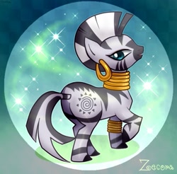 Size: 631x620 | Tagged: safe, artist:araraginatsuki, zecora, zebra, abstract background, butt, female, looking back, mare, pixiv, plot, quadrupedal, raised hoof, solo