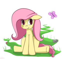 Size: 1000x950 | Tagged: safe, artist:genericmlp, fluttershy, pegasus, pony, female, mare, sitting, solo, underhoof