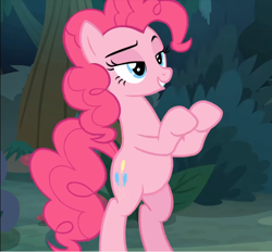 Size: 758x702 | Tagged: safe, screencap, pinkie pie, earth pony, pony, the mean 6, air quotes, bipedal, cropped, everfree forest, female, lidded eyes, mare, raised eyebrow, smiling, smug, solo