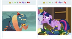 Size: 555x305 | Tagged: safe, screencap, dragon lord torch, twilight sparkle, twilight sparkle (alicorn), alicorn, dragon, pony, gauntlet of fire, princess spike (episode), book, derpibooru, female, juxtaposition, male, mare, meta