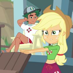 Size: 717x720 | Tagged: safe, screencap, applejack, timber spruce, better together, equestria girls, turf war, applejack's hat, arm behind head, belly button, cowboy hat, cropped, crossed legs, female, hat, lifeguard, lifeguard applejack, lifeguard timber, male, midriff, stetson