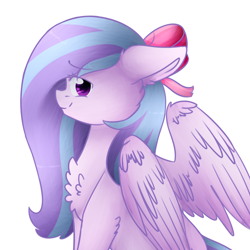 Size: 1000x1000 | Tagged: safe, artist:twinkepaint, oc, oc only, oc:elizabeth, pegasus, pony, bow, cheek fluff, chest fluff, ear fluff, female, fluffy, hair bow, mare, shoulder fluff, simple background, solo, white background, wing fluff