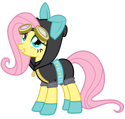 Size: 788x750 | Tagged: safe, artist:srsishere, fluttershy, pegasus, pony, bunny ears, clothes, costume, dangerous mission outfit, female, goggles, hoodie, mare, simple background, smiling, solo, transparent background, vector