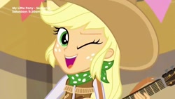 Size: 1280x720 | Tagged: safe, screencap, applejack, better together, equestria girls, five to nine, cowboy hat, cowgirl, cute, guitar, hat, jackabetes, one eye closed, open mouth, stetson, wink