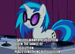 Size: 740x540 | Tagged: safe, dj pon-3, vinyl scratch, pony, unicorn, obligatory pony, song reference, sunglasses, turntable