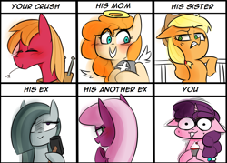 Size: 1400x1000 | Tagged: safe, artist:zouyugi, applejack, big macintosh, cheerilee, marble pie, pear butter, sugar belle, earth pony, pony, unicorn, angelic wings, angry, big macintosh gets all the mares, blushing, chart, cross-popping veins, cupcake, dead, eyes closed, female, food, grammar error, gravestone, halo, hammer, looking at you, looking back, looking back at you, male, marble yandere, mare, meme, shaking, shipping, stallion, straight, straw in mouth, sugarmac, sweat, this will not end well, yandeerilee, yandere