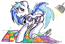 Size: 890x606 | Tagged: safe, artist:beardie, dj pon-3, vinyl scratch, pony, unicorn, dance floor, dj boot-3, female, glasses, plot, signature, solo, tongue out, vinyl ass