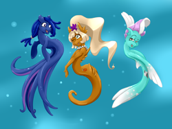 Size: 1280x960 | Tagged: safe, artist:severus, oc, oc only, oc:goldie finns, oc:shimmer wave, oc:windswept, kelpie, monster pony, octopony, original species, sea pony, ask windswept, female, underwater