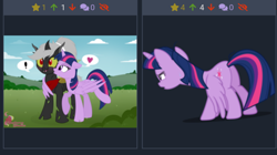 Size: 2048x1150 | Tagged: safe, artist:raspberrystudios, derpibooru exclusive, screencap, twilight sparkle, twilight sparkle (alicorn), oc, oc:bandit, alicorn, changeling, pony, canon x oc, changeling oc, derpibooru, double colored changeling, flower field, juxtaposition, looking at someone, meta, side by side, sweat