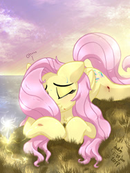 Size: 1050x1400 | Tagged: safe, artist:joakaha, fluttershy, pegasus, pony, blood, eyes closed, female, grass, injured, mare, sky, solo, sweat, water