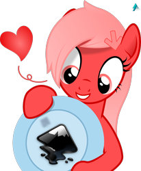 Size: 1700x2067 | Tagged: safe, artist:arifproject, oc, oc:downvote, pony, cute, derpibooru, derpibooru ponified, grin, heart, holding, inkscape, meta, plate, ponified, smiling, solo, vector