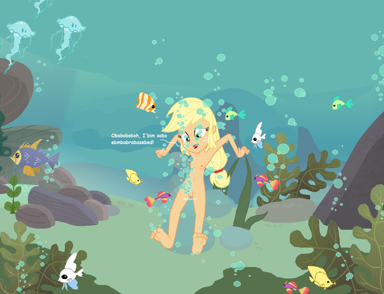 1781561 - explicit, artist:php43, edit, applejack, fish, human, equestria  girls, aquaphilia, barefoot, breasts, bubble, feet, female, fetish,  gurgling, ms paint, nipples, nudity, queef, show accurate, show accurate  porn, skinny dipping, solo, solo