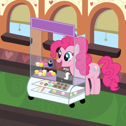 Size: 1728x1728 | Tagged: safe, artist:shirleycreates, pinkie pie, earth pony, pony, cookie, cupcake, fanfic art, food, food cart, solo